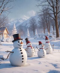 Obraz premium Group of snowmen in a festive winter landscape , cold, snowman, peaceful