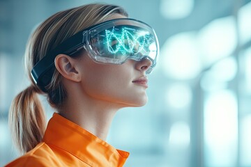 futuristic biotech station displaying live dna sequencing data with researcher analyzing glowing digital strand through