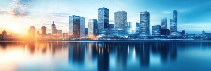 Fototapeta premium Graphic layouts showcasing modern city skyline with reflective water at sunset