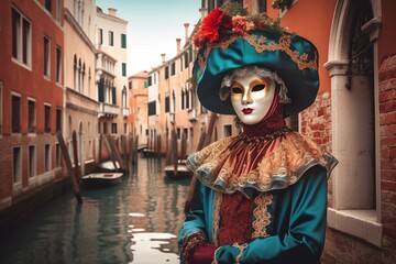 Obraz premium Person in a blue Venetian carnival costume and mask standing by a canal in Venice with historic architecture