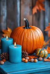 Autumnal Still Life Featuring Vibrant Orange Pumpkin, Decorative Candles, Pine Cones, Colorful Gourds, and Autumn Leaves on a Rustic Wooden Background