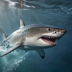 Naklejka premium Great white shark with a strong and muscular body in the water, aggressive, ocean