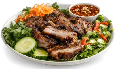 Grilled pork, salad, Asian sauce, studio shot, food menu