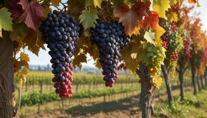 Grapes and foliage in the vineyard during autumn, earthy colors, harvest season, foliage
