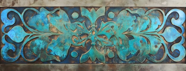 Oxidized metal background with hints of blue and green patina, giving an aged, rustic vibrant industrial vibe