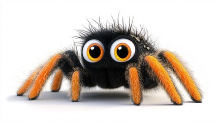 Fototapeta premium A cute and fluffy cartoon spider featuring large expressive eyes and vibrant orange legs, set against a clean white background.