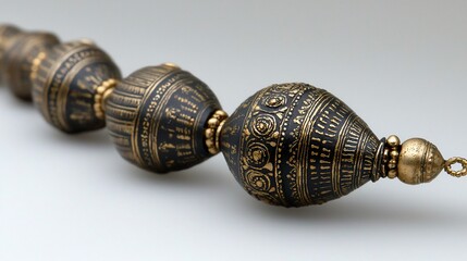 Close-up of elegant dark-gold patterned beads necklace.