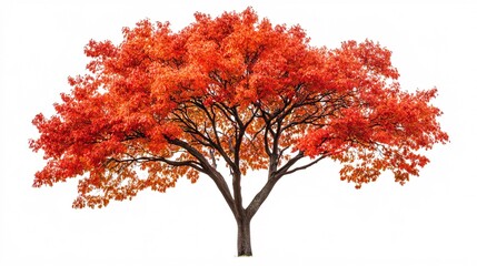 A majestic tree with vibrant red foliage stands out against a white background, symbolizing the beauty of autumn.