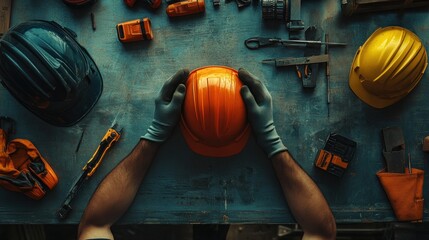 Worker's hands holding an orange hardhat on a workbench surrounded by tools.
