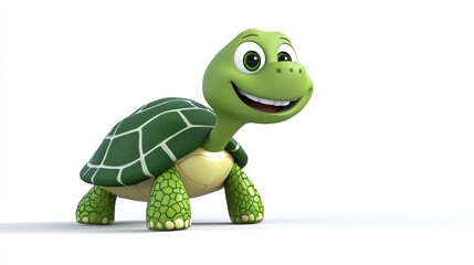 A cheerful, cartoon-style turtle with big eyes and a friendly smile, set against a clean white background.