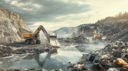 Heavy Machinery Dumping Mining Waste Into Contaminated River Affecting Wildlife