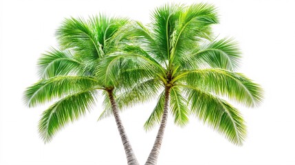 Two lush green palm trees with vibrant leaves against a bright white background.