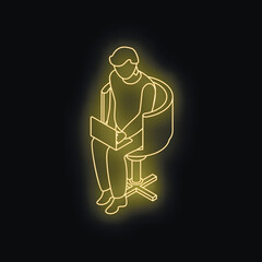 Neon yellow isometric businessman working on his laptop sitting on an office chair on a black background