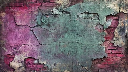 Obraz premium A weathered mural of cracked brick with vibrant teal and pink hues adds an urban touch to any creative project.