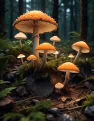 Fototapeta premium Glowing mushrooms grow in clusters on the forest floor, ambient light , soft illumination, woodland ecosystem