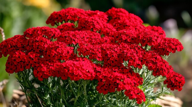 Red yarrow flowers bloom in garden; nature background