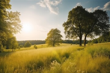 Obraz premium Peaceful countryside meadow with tall grass, trees, and soft sunlight under a bright blue sky