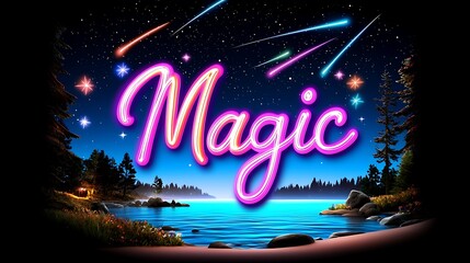 Magical Night Sky over Serene Lake with Shooting Stars