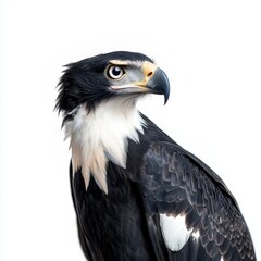 Obraz premium Close-up of harpy eagle with black and white feathers and yellow beak isolated on white background
