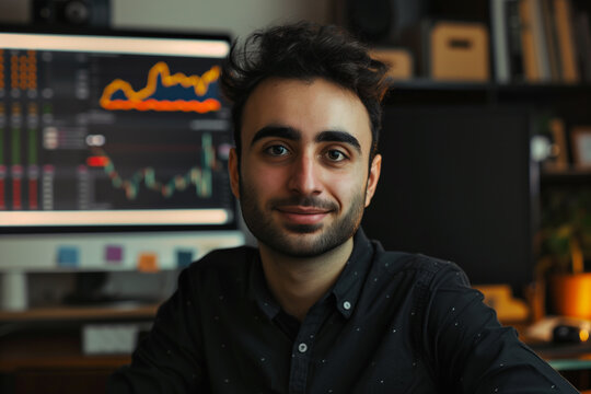 Photography of a young Armenia investor, with his workspace in the background.