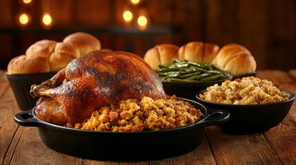 Large Thanksgiving Feast Featuring Roasted Turkey with Sides of Rolls, Green Beans, and Stuffing