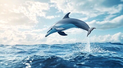 Fototapeta premium A playful dolphin leaps gracefully above the ocean surface, surrounded by glistening water under a bright sky.