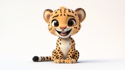 A cheerful cartoon leopard cub with big eyes and a playful smile, exuding charm and warmth.