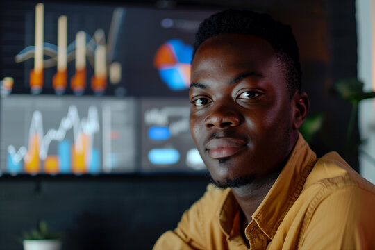 Photography of a young South Africa investor, with his workspace in the background.