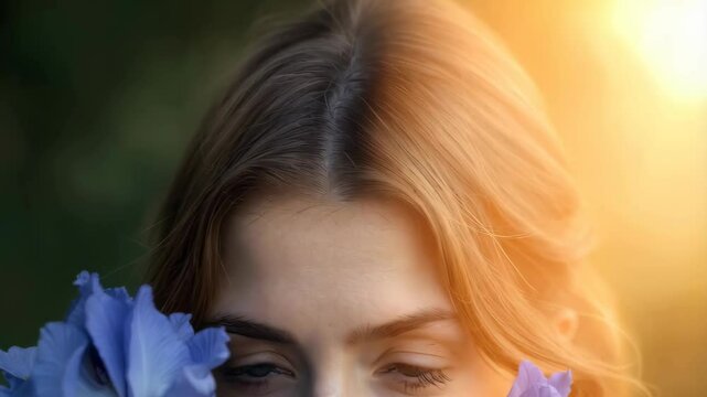 Woman's face partially hidden behind a bouquet of irises. Feminism women. Happy mothers day, womens day, birthday.