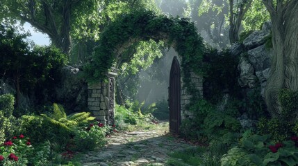 A stone archway with a wooden door leads to a hidden path through a lush, green forest.