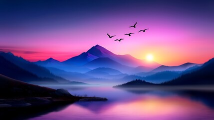 Majestic Mountain Lake at Sunrise with Birds in Flight