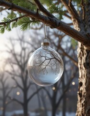 Glass ornament hanging from a branch of a bare tree, outdoor decor, bare tree, glass ornament