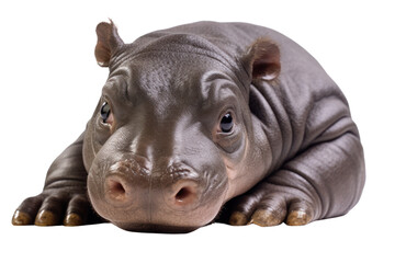 Fototapeta premium Adorable newborn baby hippo lying on its belly, eyes half-open, with soft, wrinkled skin and tiny, rounded ears.
