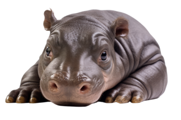 Adorable newborn baby hippo lying on its belly, eyes half-open, with soft, wrinkled skin and tiny, rounded ears.