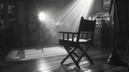 A black-and-white shot of a  chair on a film set, with soft lighting and shadows creating a noir atmosphere. 