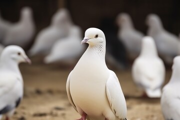 White pigeon standing on the ground surrounded by a group of blurred pigeons in a natural setting