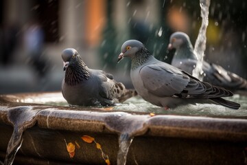 Obraz premium Pigeons drinking and bathing in a fountain with flowing water and a blurred urban background