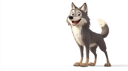 Obraz premium A cheerful animated gray wolf character with bright eyes and a fluffy tail, embodying a playful and friendly demeanor.