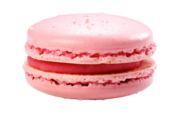 A beautifully crafted pink French macaroon rests in the center, featuring a soft, chewy texture and a subtle sheen. The filling, made from organic strawberry jam