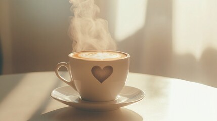 A steaming cup of latte art with a heart design, set against a warm, softly lit background.