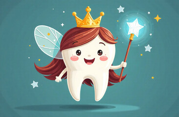 Cute cartoon tooth fairy with magic wand. Vector Illustration.