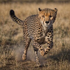 A spotted cheetah mid-stride, as if running across the frame.