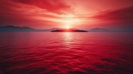 Fototapeta premium A breathtaking sunset over a tranquil sea, featuring vibrant red hues reflecting on the water's surface.