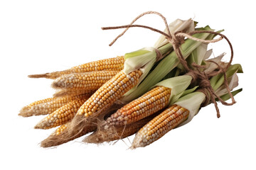 A bunch of sweet corn stalks tied together with twine, featuring green husks and golden kernels peeking through