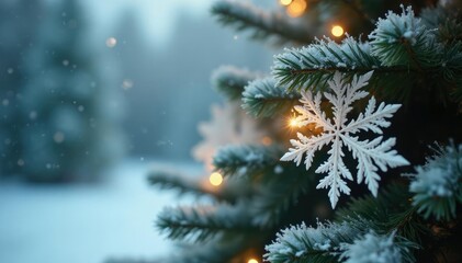 Elegant Kirigami Snowflakes on Christmas Tree Branches, christmas tree, frosty landscape