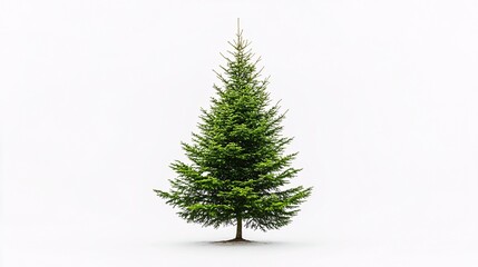 A lush green pine tree stands alone against a white background, embodying tranquility and natural beauty.
