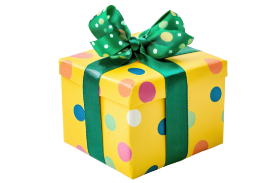 A cheerful yellow gift box featuring playful polka dots in various colors, with a contrasting green ribbon tied in a perfect bow, set against a smooth white background for a fun and festive appeal