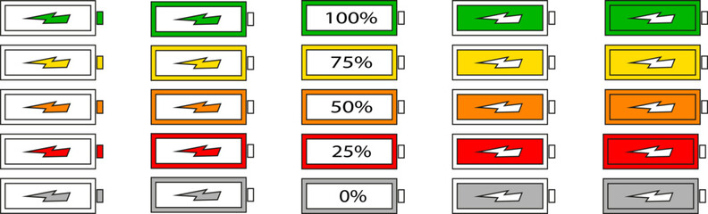 Battery icon set. High quality colorful style vector icons. Battery charge indicator. Battery level, energy, full. Power low up status batteries logo.