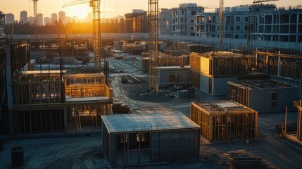 Fototapeta premium Sunset over a large construction site with many buildings under construction.