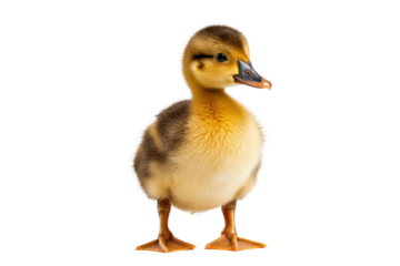 A close-up of a cute yellow duckling with soft downy feathers, standing and facing slightly to the side, looking up with an adorable expression.